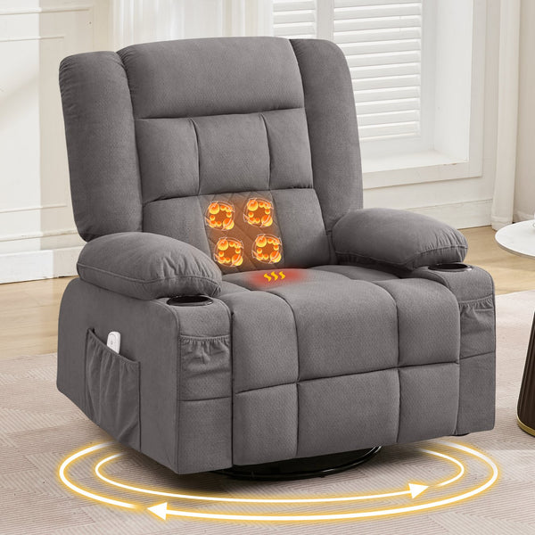 English Elm Kneading Massage Rocker Recliner with 4‑Point 3D Kneading, Heat, USB Port, Cup Holders & Swivel Comfort Grey W1521P390945