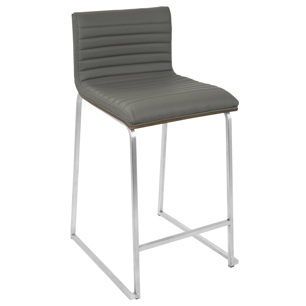 English Elm Mara 26" Contemporary Counter Stool Set of 2 – Tufted Grey Faux Leather, Walnut Back, Brushed Steel Curved Legs B202P222389