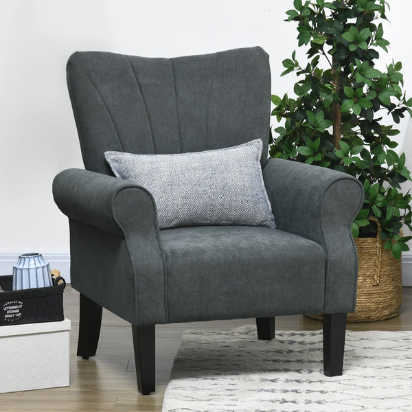 English Elm HOMCOM Mid-Century Fabric Accent Chair with Rolled Arms, Padded Linen Feel Seat, Wood Legs, Dark Gray W2225P229575