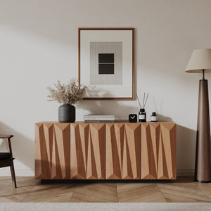English Elm 60'' Mid Century Credenza with Geometric 3d Doors Walnut Floating Buffet Storage W2263P401438