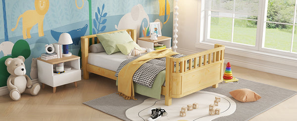 English Elm Twin Solid Pine Platform Bed with Guardrail for Kids, Low-Profile Twin Frame Durable 250LB Capacity W2593P367051