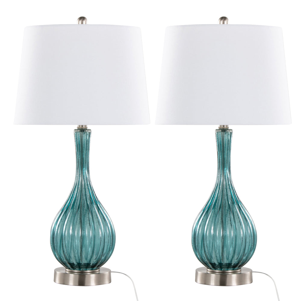 English Elm Jenny 27" Contemporary Crackle Glass Table Lamp Set of 2 in Sapphire Blue with Brushed Nickel Accents and White Linen Shade B202P224036