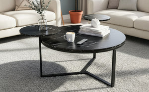 English Elm Modern round coffee table with black faux marble top, tripod metal base and two display shelves, sleek storage flair N735P177472B