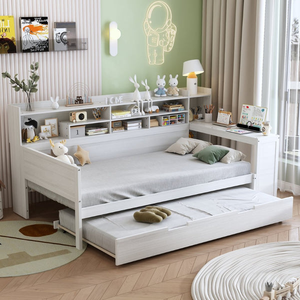 English Elm Wooden Twin Daybed with Trundle Built-in Desk and Open Shelves for Kids Rooms Antique White N733S373389K