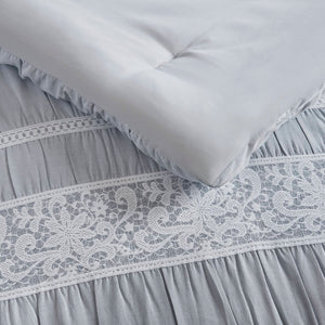 English Elm 7-piece King Jacquard Comforter Set Lace Detail Chambray Cottage Bedroom Ensemble Blue B035P482887