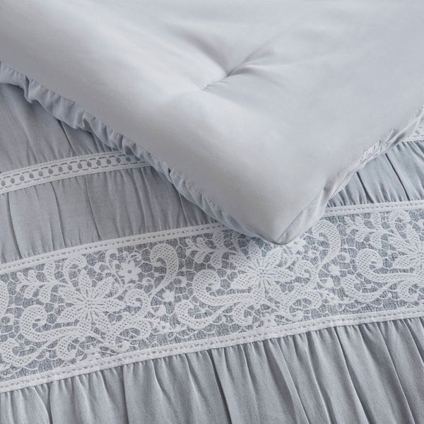 English Elm 7-piece King Jacquard Comforter Set Lace Detail Chambray Cottage Bedroom Ensemble Blue B035P482887