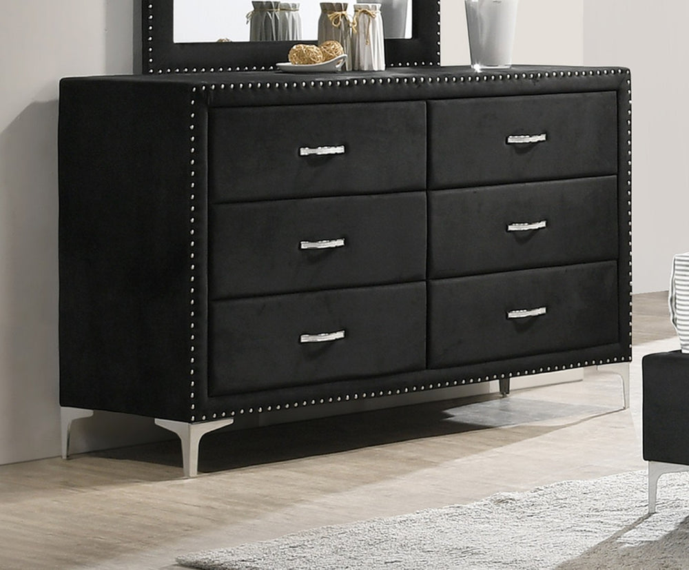 English Elm Glam Six Drawer Velvet Dresser Tufted Nailhead Trim Tempered Glass Top Bedroom B2741P422557