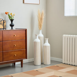 English Elm Floor Metal Vases Set Of 3 - Modern Gold & White Decorative Cylindrical Vases For Elegant Interiors W2796P255615