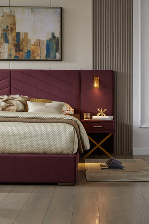 English Elm Queen Modern Floating Bedside Tables with LED Lights, Crossed Metal Legs, Single Drawer Storage, Durable Construction WINE RED W1793S00014