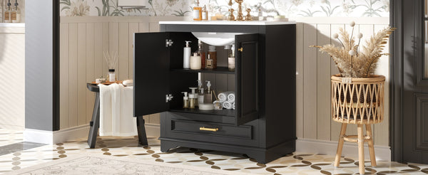 English Elm 30" Elegant Bathroom Vanity with Ceramic Sink, French-Inspired Compact Cabinet with Drawer & Shelf Black N710P317676B
