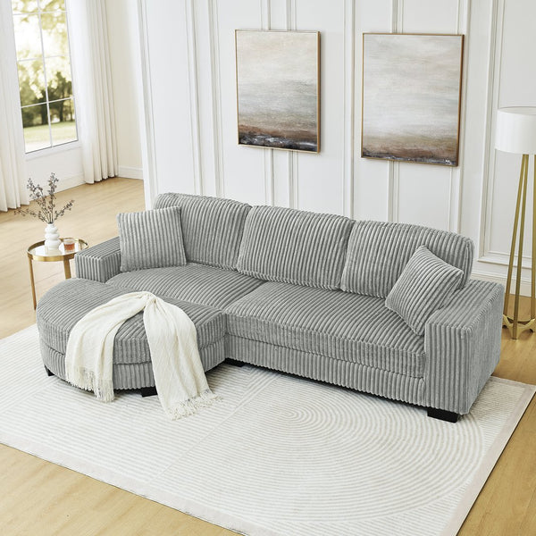 English Elm Corduroy L-Shaped Modular Sleeper Sectional Sofa With Versatile Footstool - Cozy Gray Comfort! W487S00344