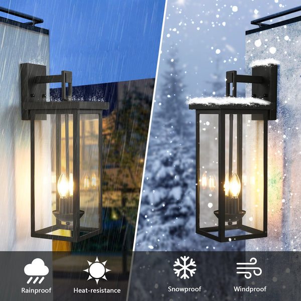 English Elm 2-Pack Outdoor Wall Lanterns 22" with Dusk-to-Dawn Sensor, Matte Black Aluminum, Clear Glass Panels W2312P374779