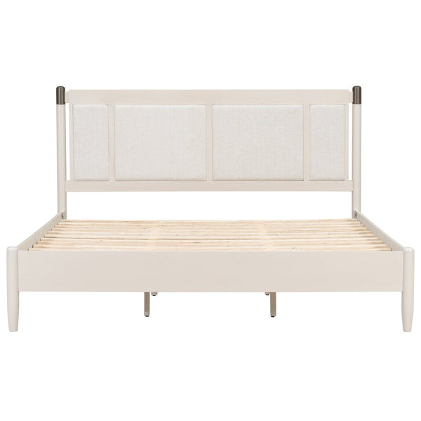 English Elm Solid Pine King Platform Bed with Upholstered Headboard and Industrial Metal Accents Grey,Light Grey N770PK361419E