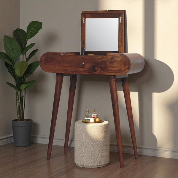 English Elm Solid Mango Wood Compact Vanity with Foldable Mirror Four Open Compartments Nordic Style B182P186268