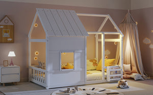 English Elm Twin House Frame Floor Bed Pinewood Build with Led Roofline Kids Bedroom White W697P435880