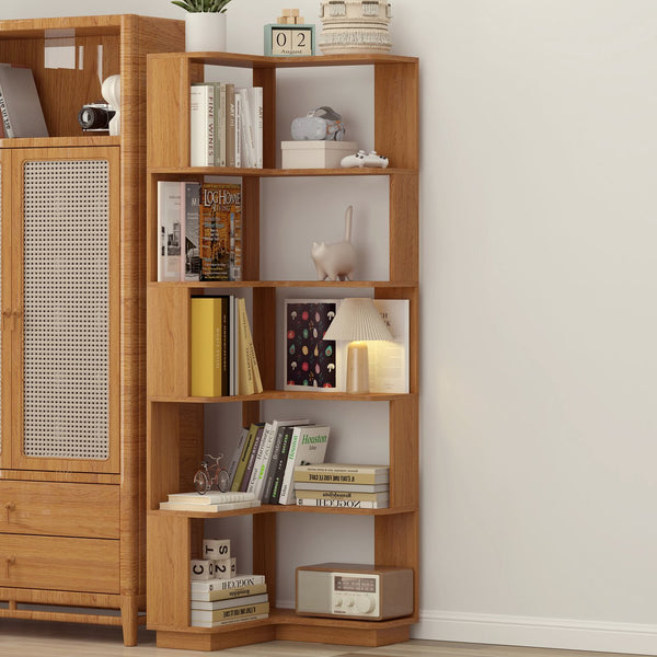 English Elm 6 Tier Freestanding L-Shaped Corner Bookshelf with Anti-Tip, Rounded Corners, 3D Wood Grain Finish Dark Oak W2899P372855
