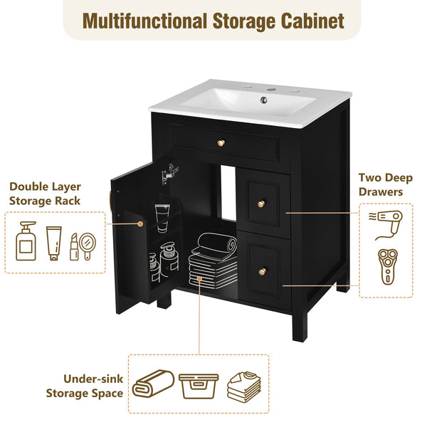 English Elm 24-Inch Bathroom Vanity with Ceramic Sink, Soft-Close Door & Drawers, Gold Handles, Durable Wood Elegance Black N729P192078B