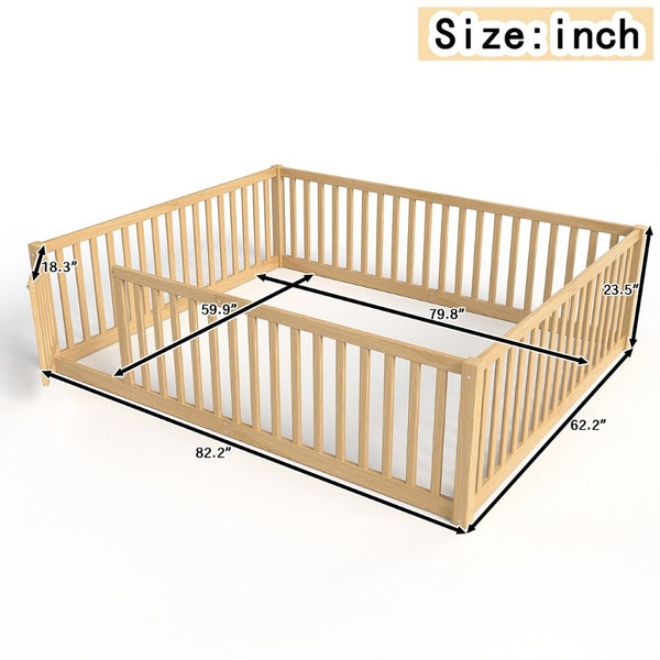 English Elm Queen Kids Floor Bed Pine Wood Frame with Safety Rails Door and Low Profile Design Natural W1580P417673