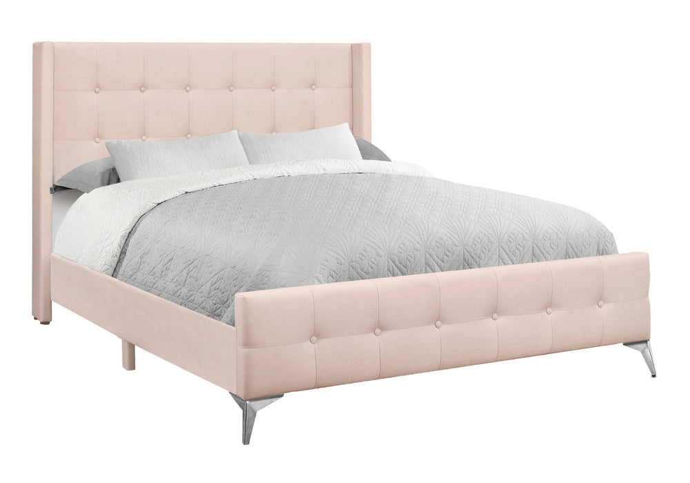 English Elm Bed, Queen Size Pink Velvet Upholstered Platform Bed with Tufted Wingback Headboard & Chrome Legs B2710P219576