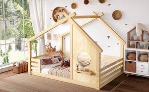 English Elm Full House Floor Bed with Roof Window and Shelf – Solid Pine Kids Loft-Style Low Bed, Durable Design Natural W1580P362703