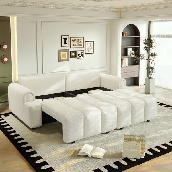 English Elm 90.2" Plush Teddy Fabric Convertible Sleeper Sofa with Hidden Storage for Living Room Beige+White W1885S00311