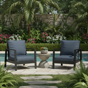English Elm Set of 2 Outdoor Aluminum Patio Armchairs Rust Proof Frame with Plush Foam Cushions Black+Blue B082P454982