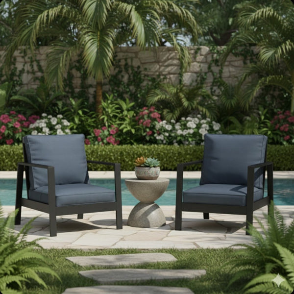 English Elm Set of 2 Outdoor Aluminum Patio Armchairs Rust Proof Frame with Plush Foam Cushions Black+Blue B082P454982