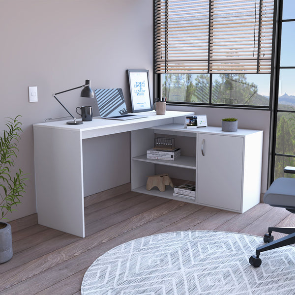 English Elm Dallas L-Shaped Home Office Desk with Spacious Work Surface, Two Open Shelves and Cabinet Storage Solution White 34 L x 24 W x 5 H B128S00164