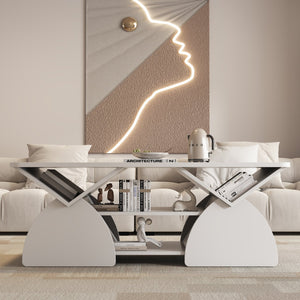 English Elm Engineered rounded corner rectangular coffee table with 6 cubbies, spacious tabletop, durable melamine finish White W2899P372759