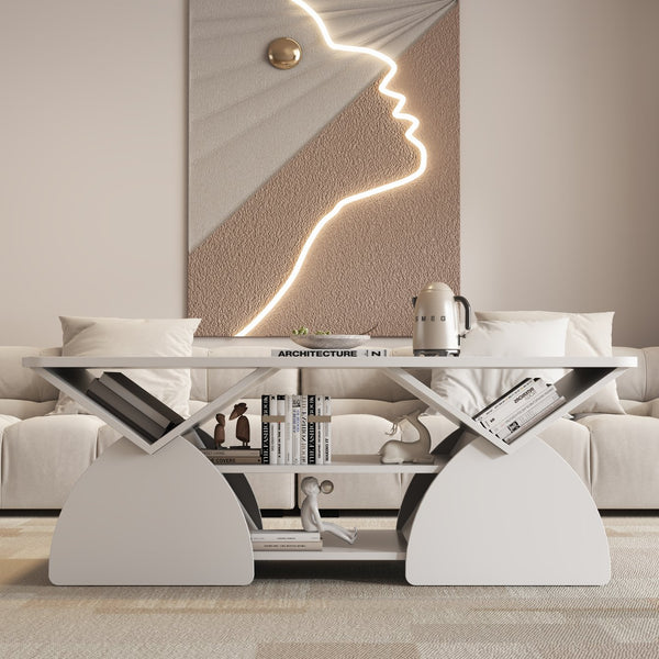 English Elm Engineered rounded corner rectangular coffee table with 6 cubbies, spacious tabletop, durable melamine finish White W2899P372759