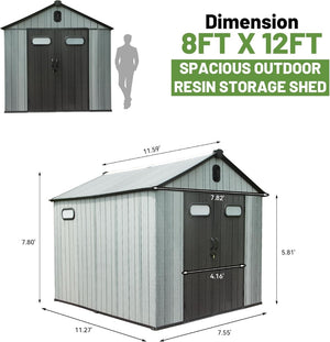 English Elm 8x12ft Outdoor Resin Shed Wood Grain Panels Lockable Weatherproof Backyard Storage W1859S00131