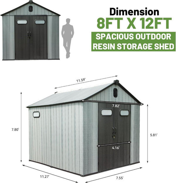 English Elm 8x12ft Outdoor Resin Shed Wood Grain Panels Lockable Weatherproof Backyard Storage W1859S00131