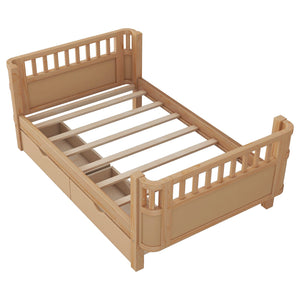 English Elm Twin Solid Wood Platform Bed with Guardrail for Kids, Low-Profile Sturdy Pine Frame, Safe Sleep Solution Natural 69.69 L x 18.5 W x 7.68 H W2593P331680