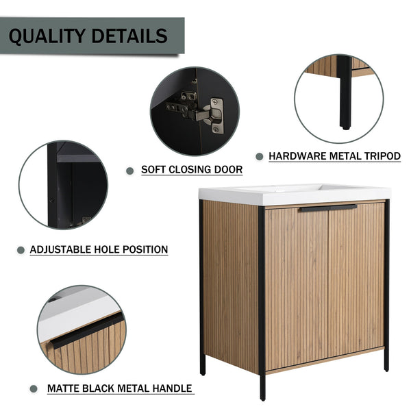 English Elm 30" Modern Freestanding Bathroom Vanity with Resin Sink, Soft-Close Doors, Adjustable Shelf, Durable Plywood Finish Light Coffee W999S00295