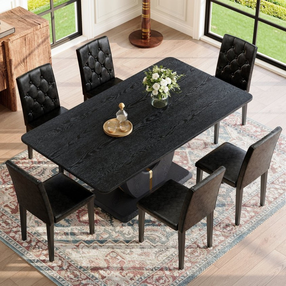 English Elm Black Wood Grain Mdf Dining Set Seats 4 with Pu Leather Arched Leg Chairs W1151S04432