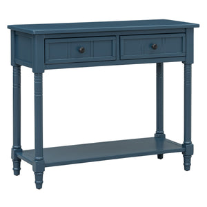English Elm TREXM Daisy Series Console Table with Two Drawers and Bottom Shelf Vintage-Inspired Pine Accent Piece Dark Navy N715P364059M
