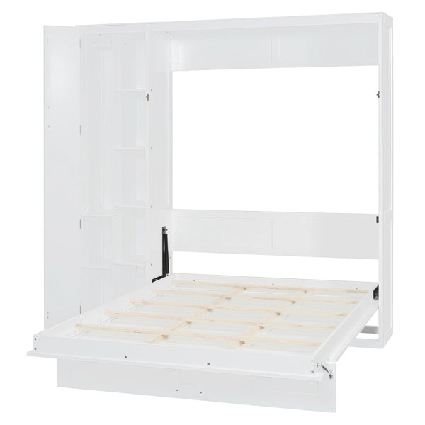 English Elm Queen Murphy Wall Bed with Led Lighting Open Shelves and Wardrobe Cabinet Storage White LP000899AAK-1