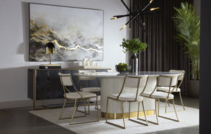 Sunpan Paloma Dining Table - Elegant White Marble Top with Cream Reeded Base and Gold Inlay for Luxe Spaces Oval - 84W x 47.25D x 30H