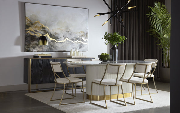 Sunpan Paloma Dining Table - Elegant White Marble Top with Cream Reeded Base and Gold Inlay for Luxe Spaces Oval - 84W x 47.25D x 30H