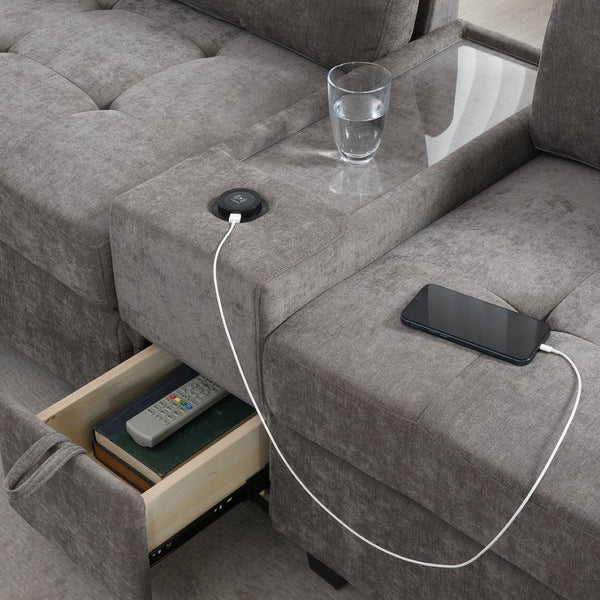 English Elm [new U-shaped Chenille Sectional Six Seat Tufted Couch with Usb Charging Storage Gray N723S1191E