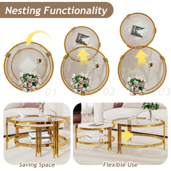 English Elm Modern Nesting Coffee Table Set Textured Tempered Glass Gold Tripod Base Living Room N735P354005A