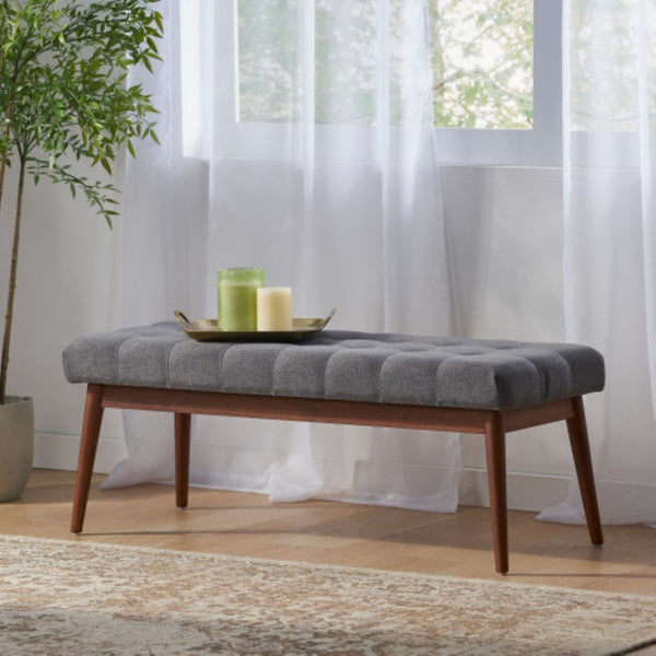 English Elm Mid-century Button Tufted Ottoman with Walnut Tapered Legs for Living Room Bedroom Grey N778P440482G