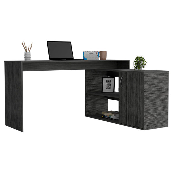 English Elm Dallas L-Shaped Home Office Desk with Spacious Work Surface, Two Open Shelves and Cabinet Storage Solution Oak 34 L x 24 W x 5 H B128S00163