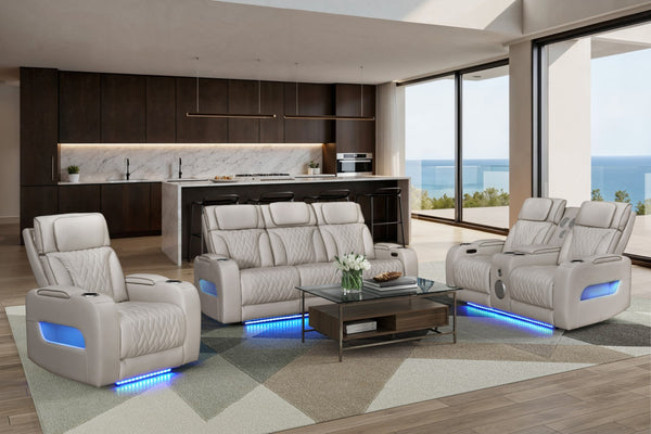 English Elm Jazmina Power Reclining Living Room Set with Bluetooth Led and Wireless Charging White B2749S00279