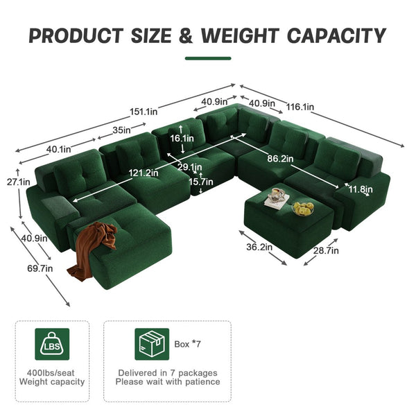 English Elm Modular Corduroy Sectional Sofa 6 Seat V Shaped Corner Couch with Ottomans Living Room Green W714S01584