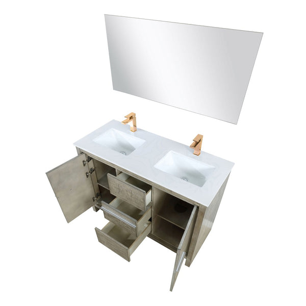 English Elm Rustic Acacia Double Bath Vanity With White Quartz Top, Rose Gold Faucet & 43" Mirror Ensemble B2731S01682-GIGA