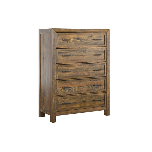 English Elm Wallace & Bay - Brown Rustic 5-Drawer Chest in Caramel Wood Finish — Space-Saving, Low-Maintenance Storage for Bedroom B361P384478