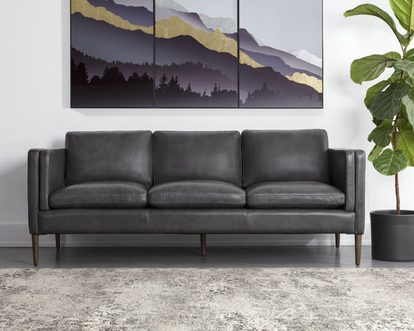 Sunpan Richmond Modern Sofa in Cortina Black Leather – Stylish Comfort with Solid Wood Legs & Unique Design