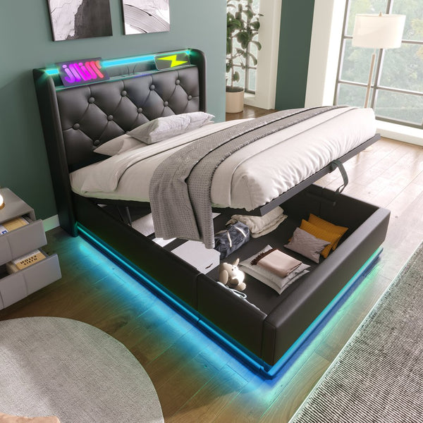 English Elm Twin Upholstered Bed with Hydraulic Storage, Surround LED, App/Remote Control & USB Type-C Charging Black N736P188805B