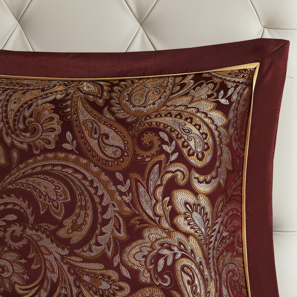 English Elm 12 Piece Comforter Set - Luxurious Burnt Red Jacquard With Cotton Sheets For California King Bed B035128828